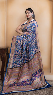 Royal Blue Pashmina Soft Silk with Golden and Pink Border