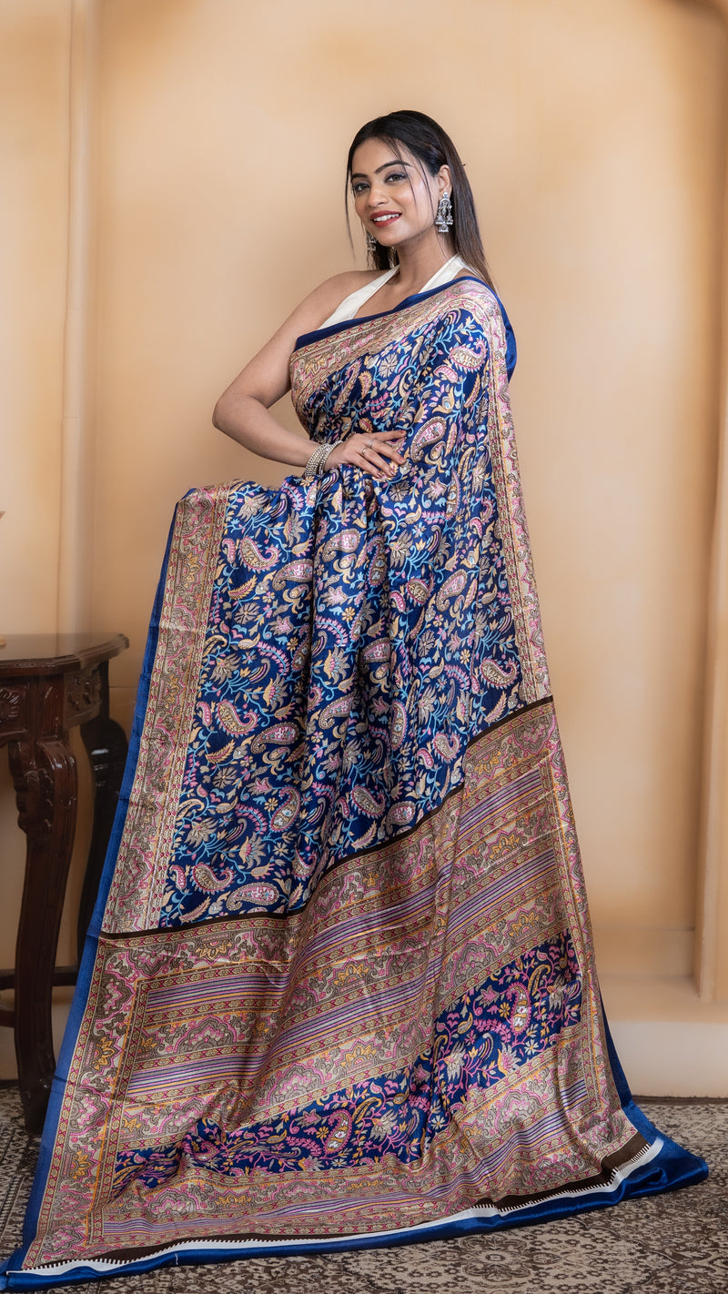 Royal Blue Pashmina Soft Silk with Golden and Pink Border