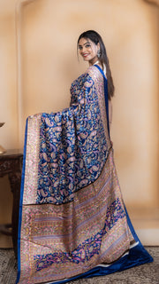 Royal Blue Pashmina Soft Silk with Golden and Pink Border