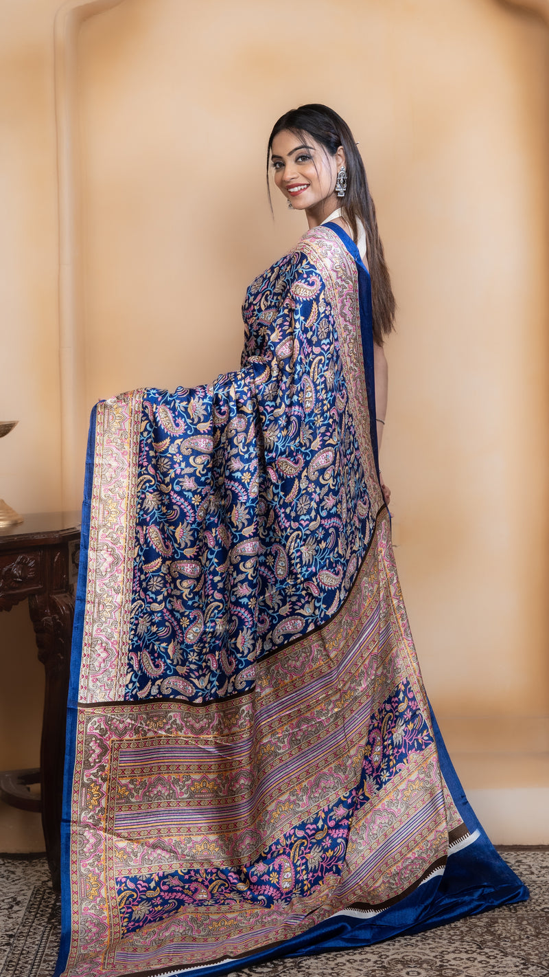 Royal Blue Pashmina Soft Silk with Golden and Pink Border