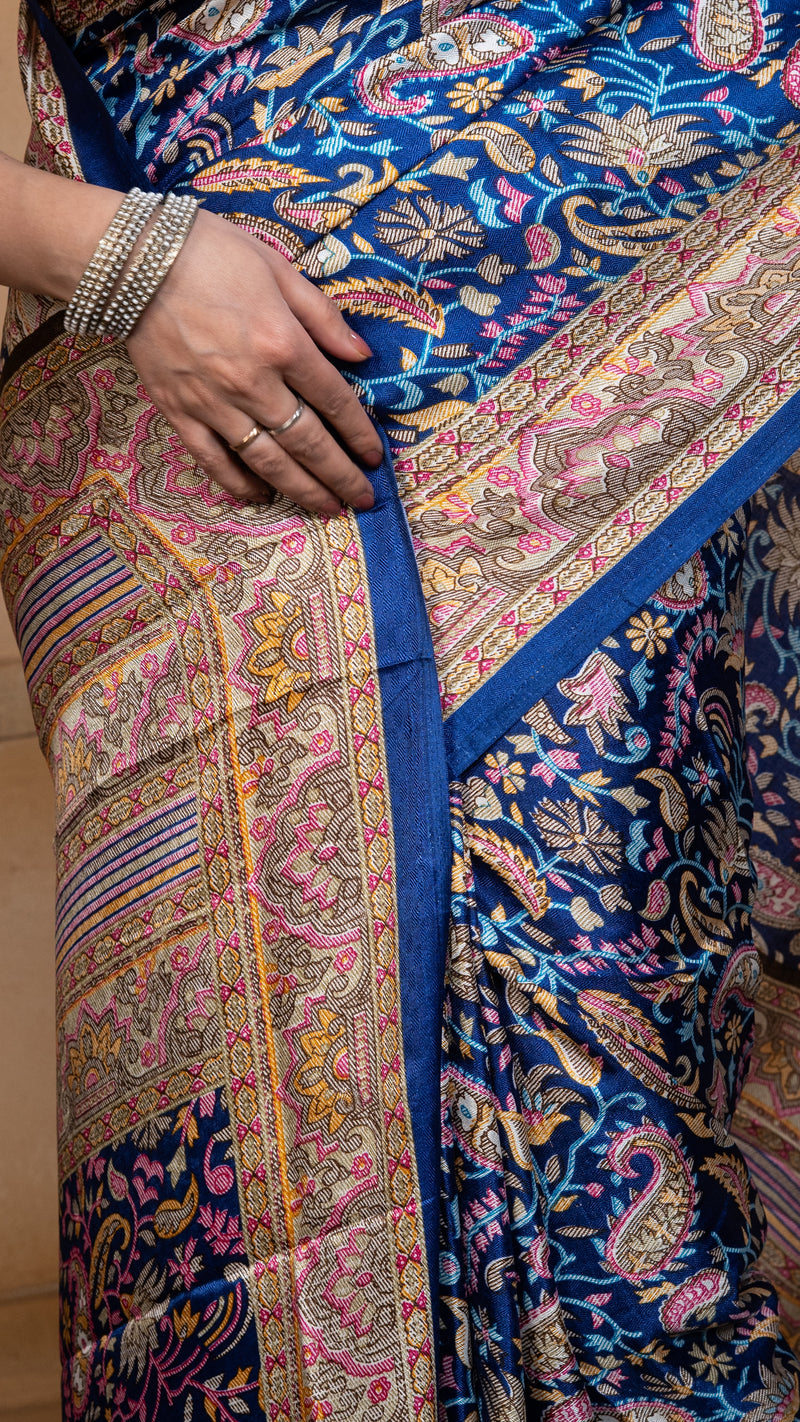 Royal Blue Pashmina Soft Silk with Golden and Pink Border
