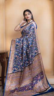 Royal Blue Pashmina Soft Silk with Golden and Pink Border