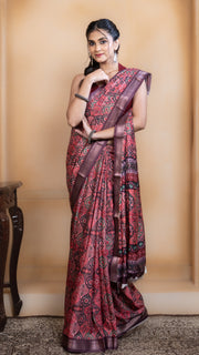 Bright Pink Soft Silk Saree with Multicolour Ajrakh Digital Print