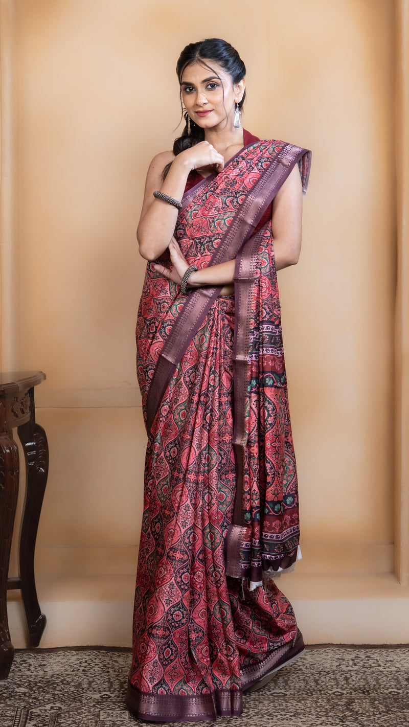 Bright Pink Soft Silk Saree with Multicolour Ajrakh Digital Print
