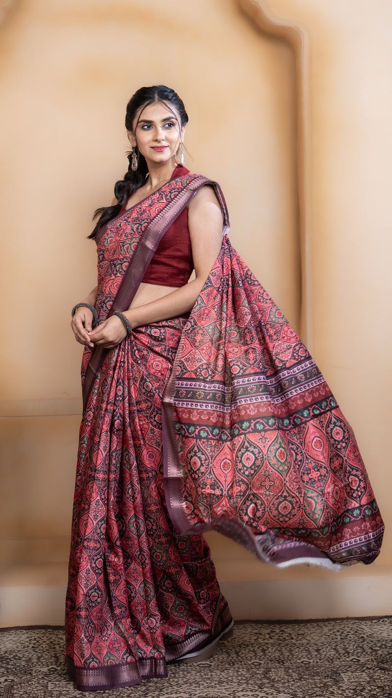 Bright Pink Soft Silk Saree with Multicolour Ajrakh Digital Print