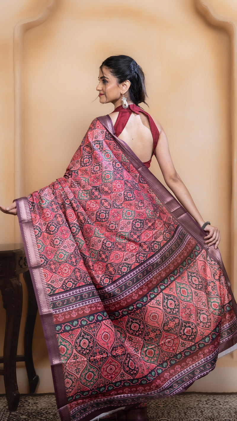 Bright Pink Soft Silk Saree with Multicolour Ajrakh Digital Print