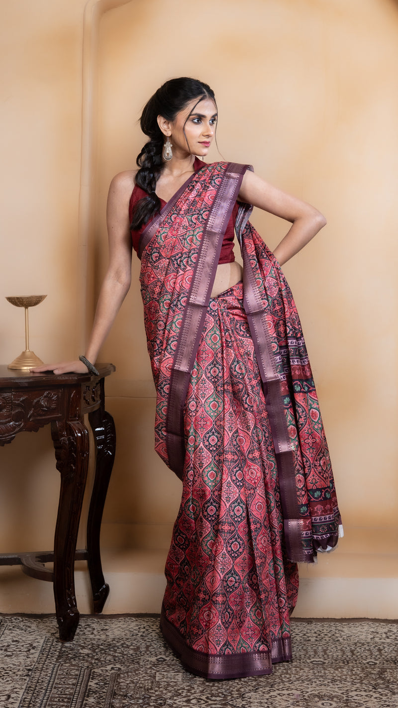 Bright Pink Soft Silk Saree with Multicolour Ajrakh Digital Print