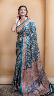 Teal Pashmina Soft Silk with Golden and Pink Border