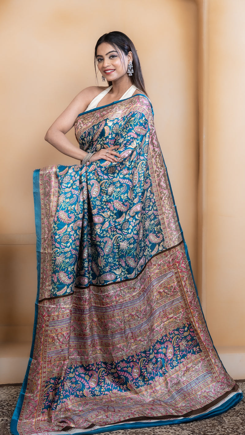 Teal Pashmina Soft Silk with Golden and Pink Border