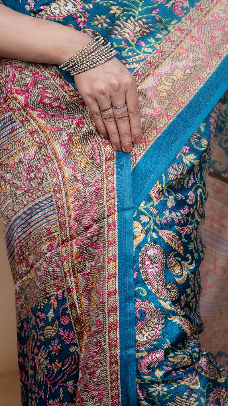 Teal Pashmina Soft Silk with Golden and Pink Border