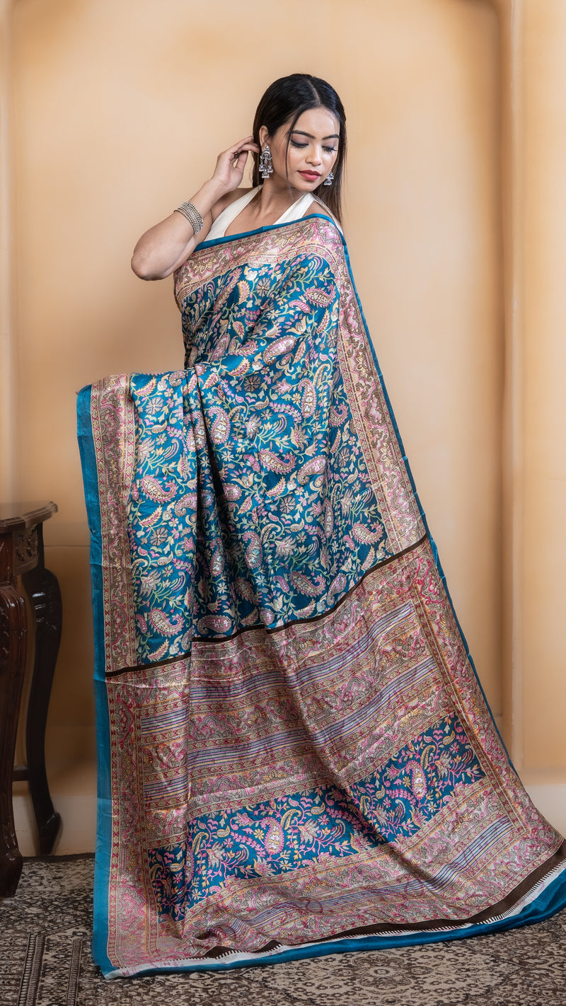 Teal Pashmina Soft Silk with Golden and Pink Border