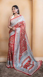 Red Pashmina Soft Silk with White and Blue Border