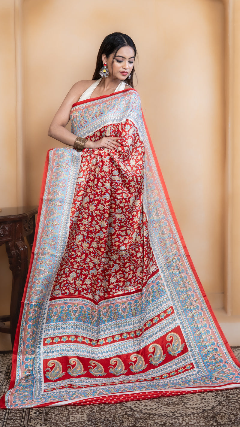 Red Pashmina Soft Silk with White and Blue Border