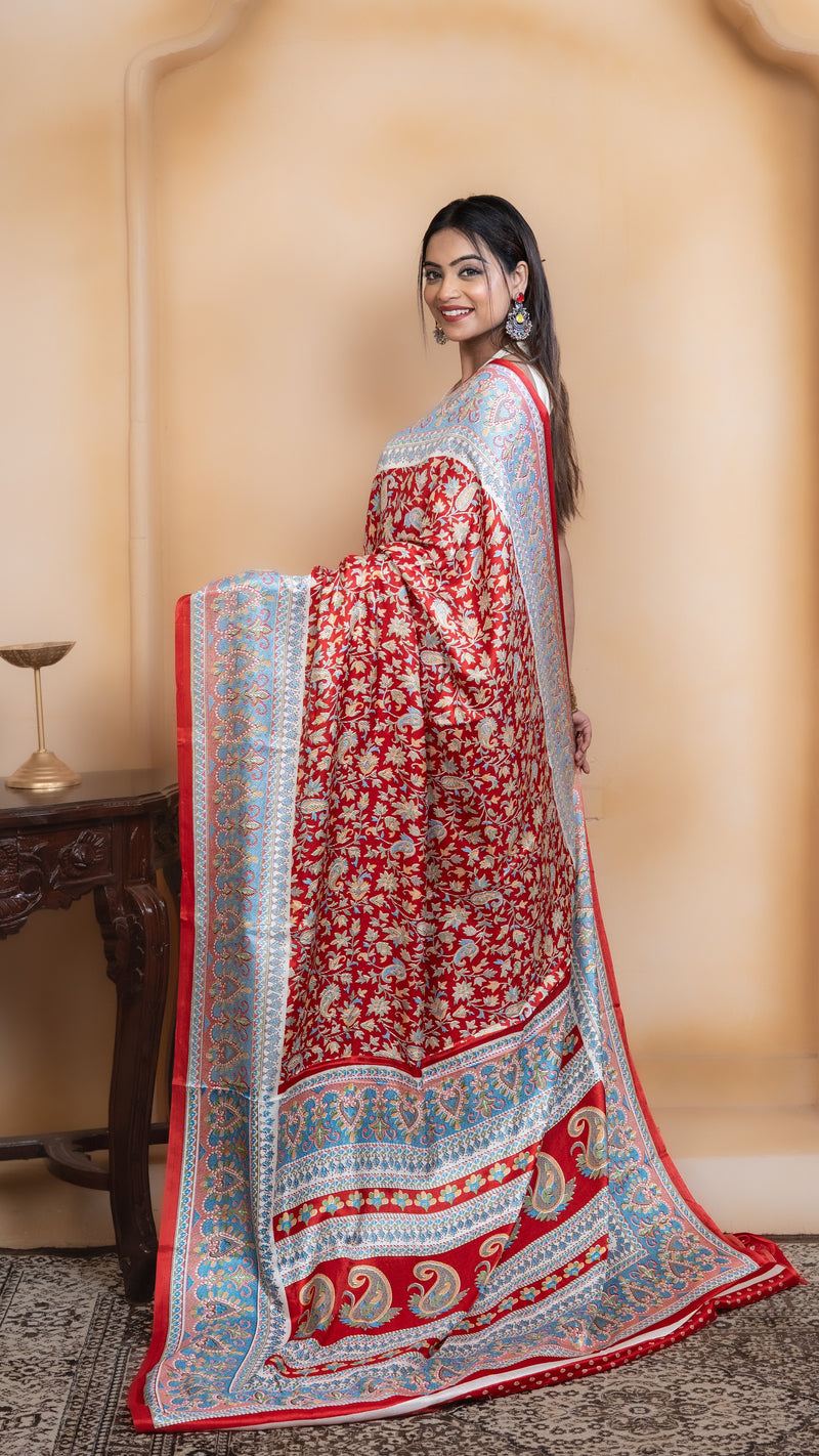 Red Pashmina Soft Silk with White and Blue Border