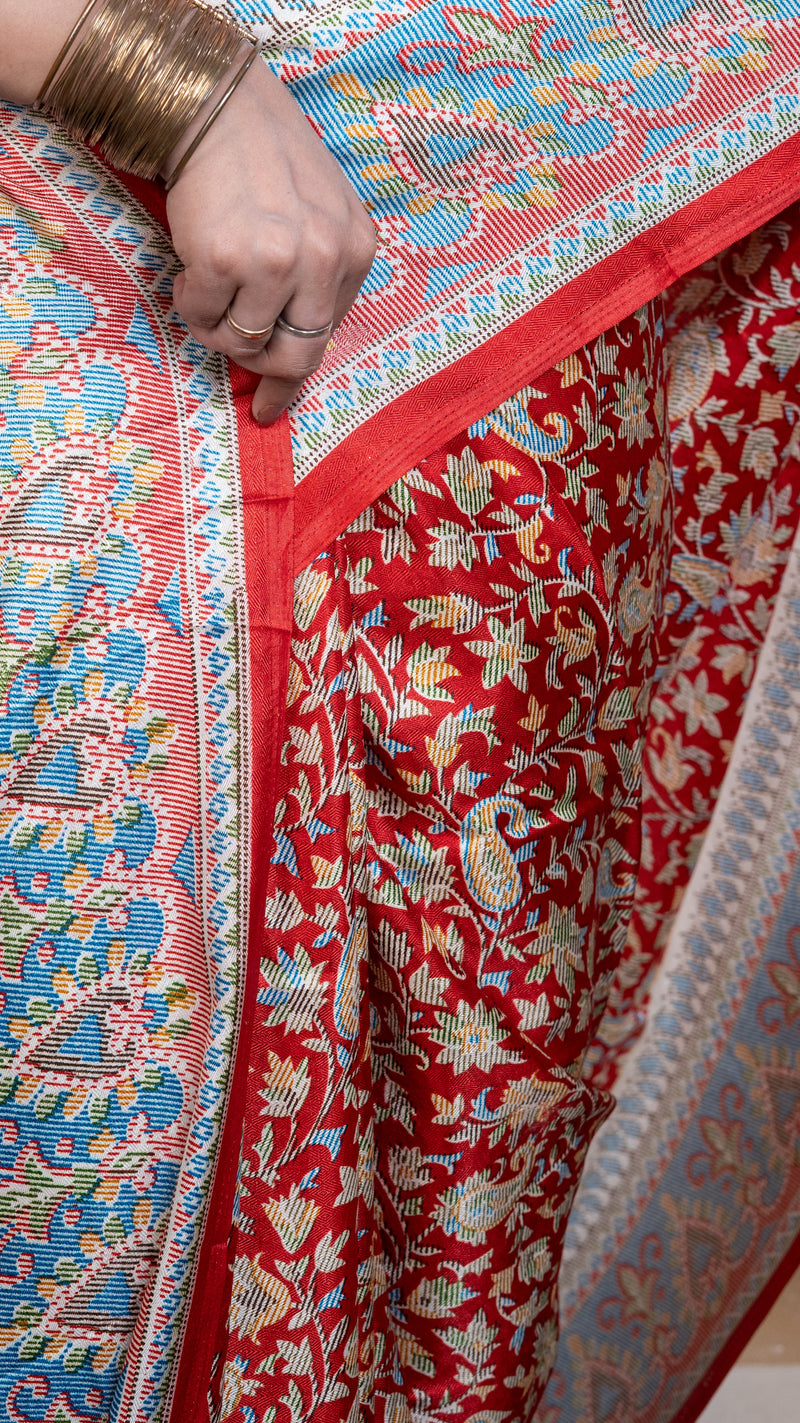 Red Pashmina Soft Silk with White and Blue Border