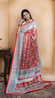 Red Pashmina Soft Silk with White and Blue Border
