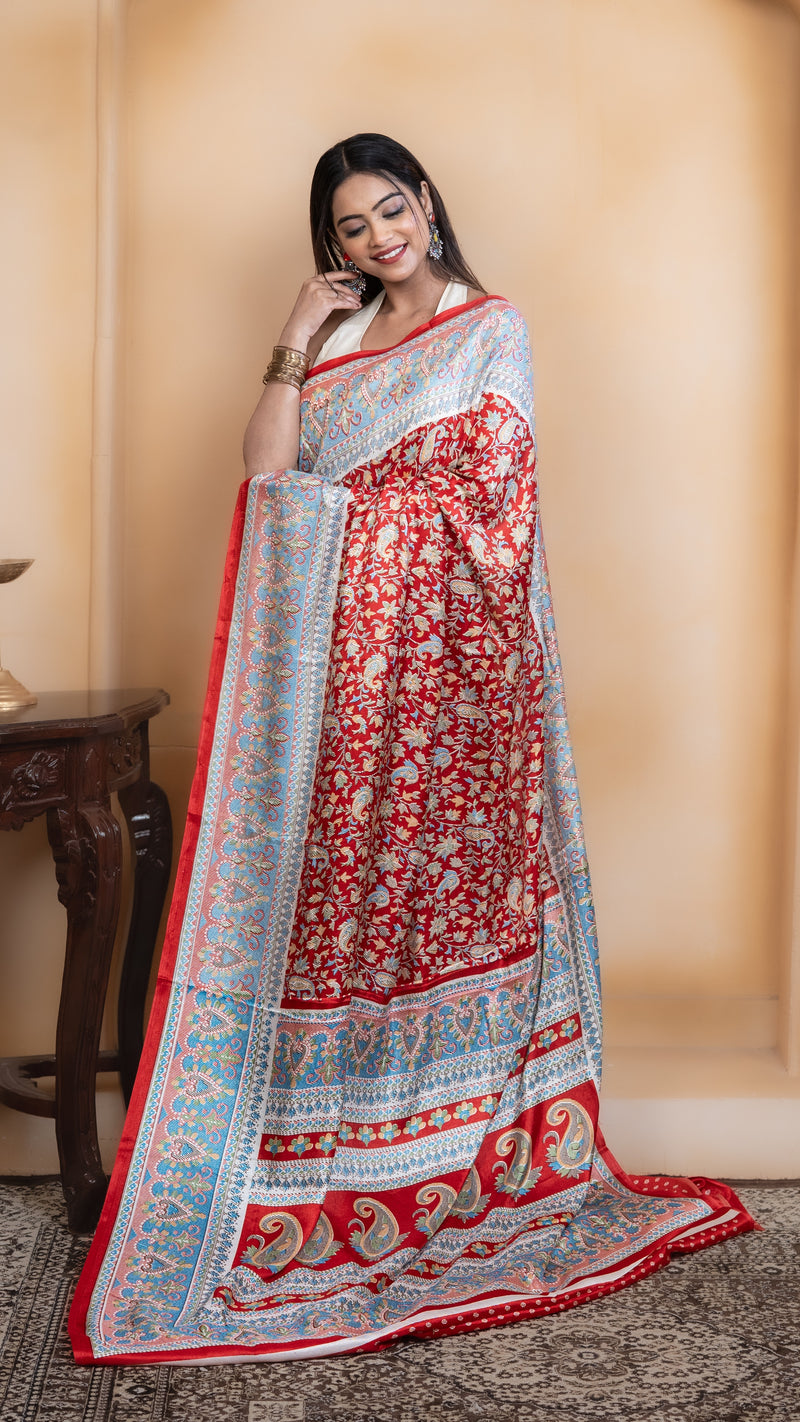 Red Pashmina Soft Silk with White and Blue Border