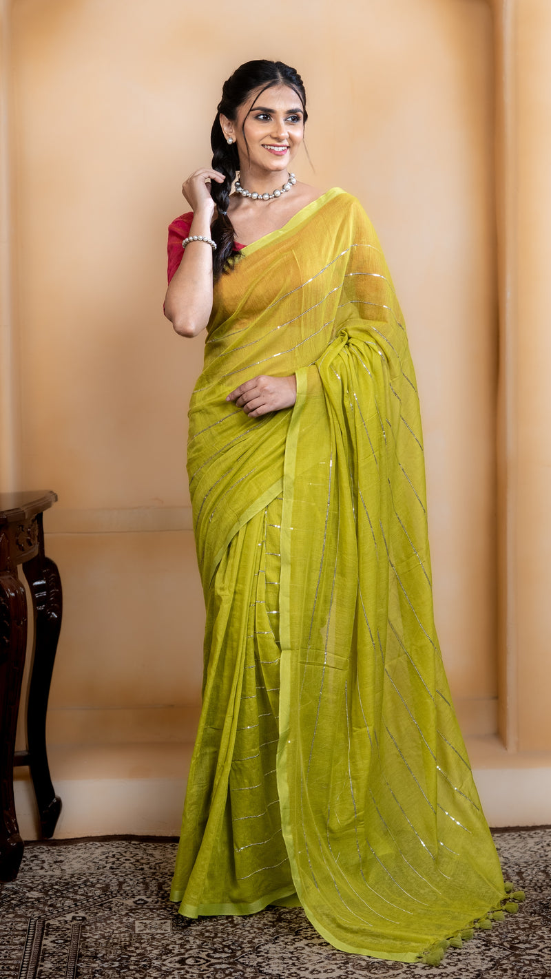 Lime Green Mul Cotton Saree with Sequenced Stripes