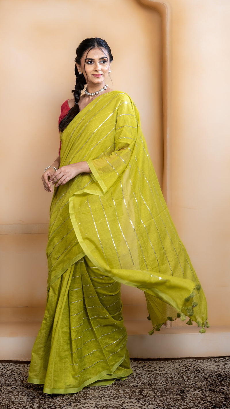 Lime Green Mul Cotton Saree with Sequenced Stripes