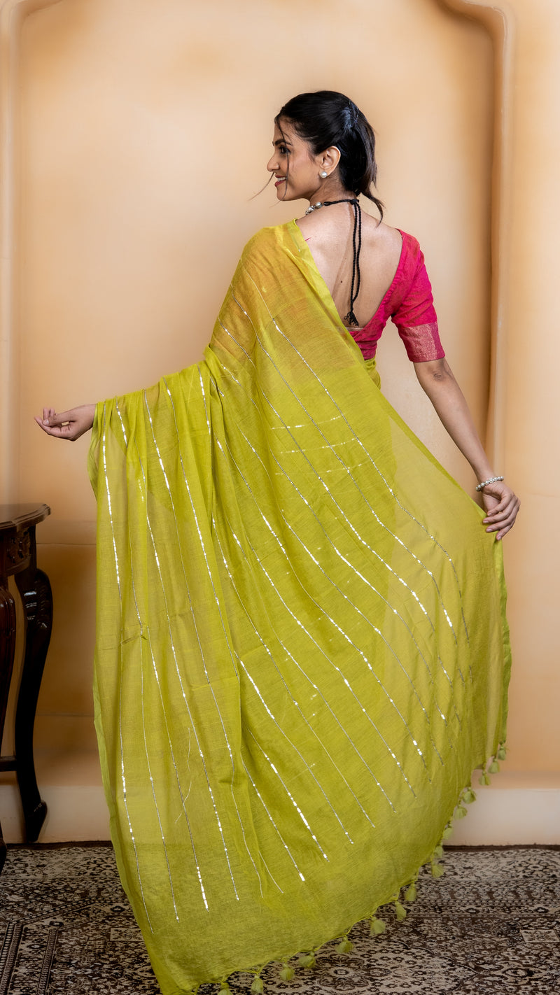 Lime Green Mul Cotton Saree with Sequenced Stripes