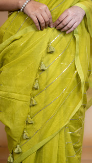 Lime Green Mul Cotton Saree with Sequenced Stripes