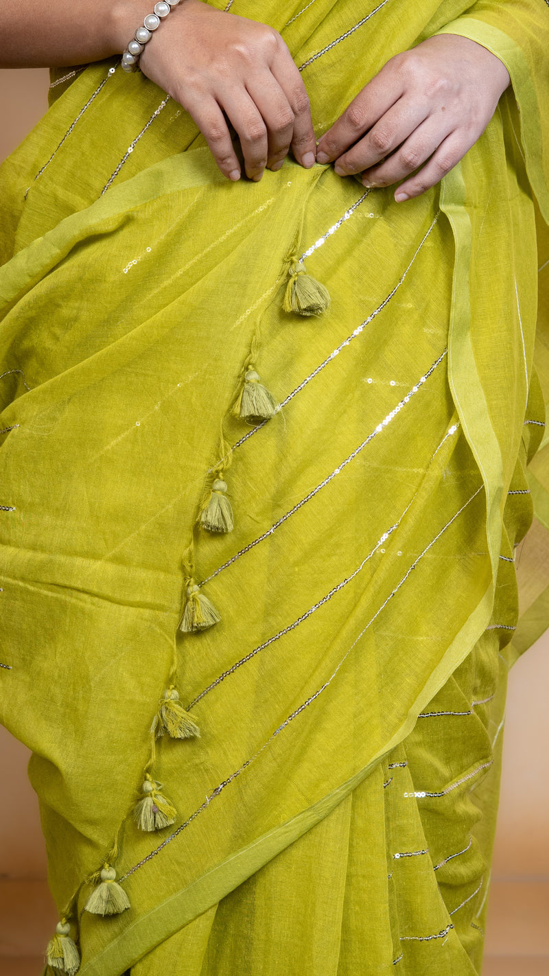Lime Green Mul Cotton Saree with Sequenced Stripes