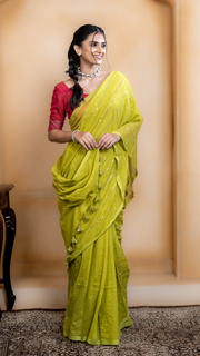 Lime Green Mul Cotton Saree with Sequenced Stripes
