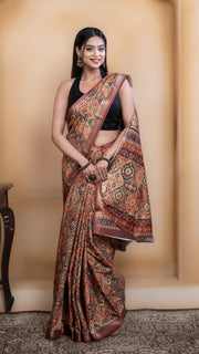 Light Orange Soft Silk Saree with Multicolour Ajrakh Digital Print
