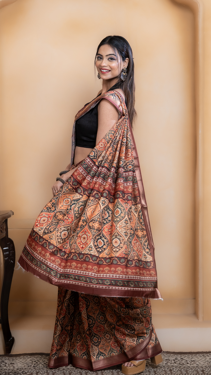 Light Orange Soft Silk Saree with Multicolour Ajrakh Digital Print