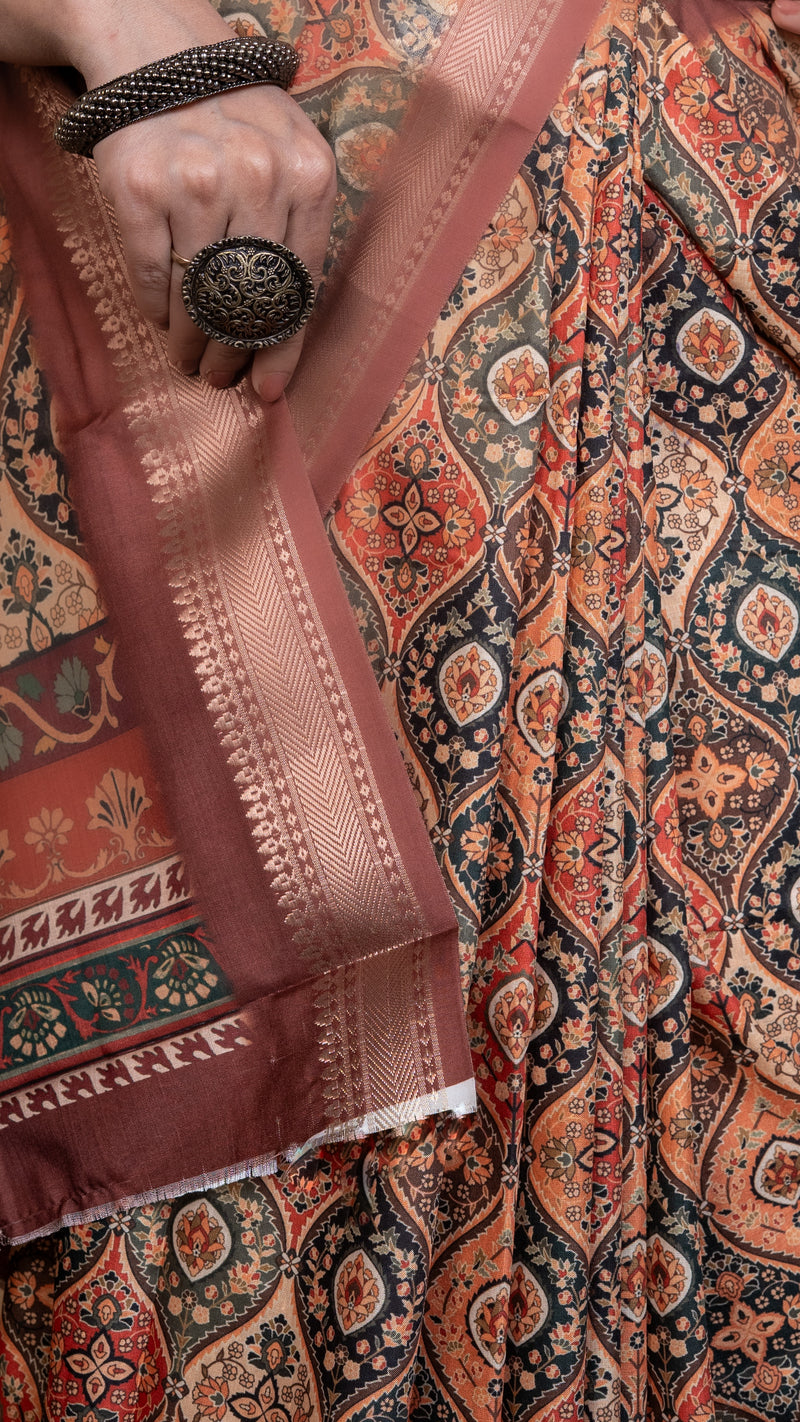 Light Orange Soft Silk Saree with Multicolour Ajrakh Digital Print