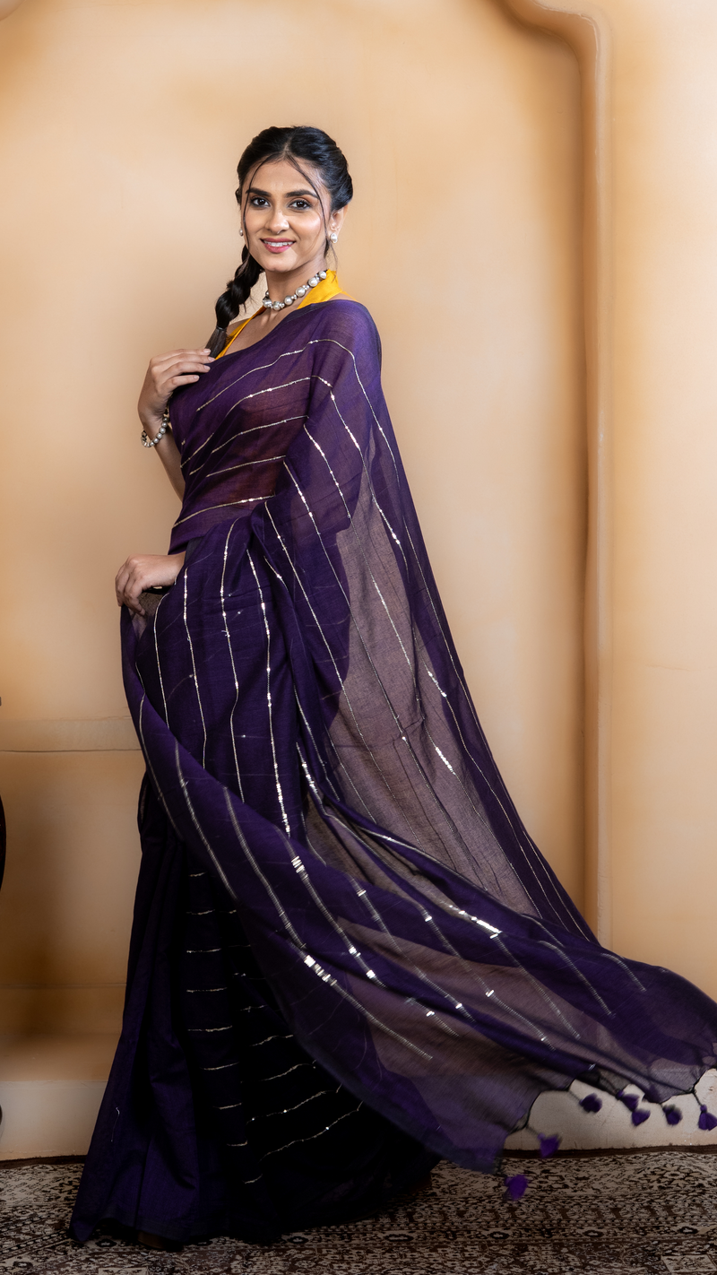 Violet Mul Cotton Saree with Sequenced Stripes