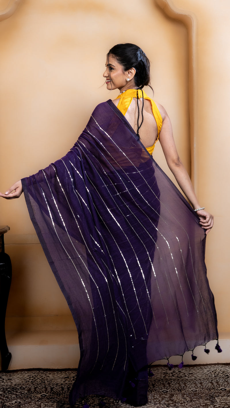 Violet Mul Cotton Saree with Sequenced Stripes