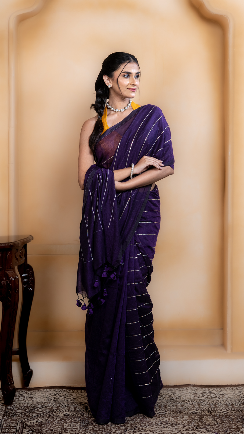 Violet Mul Cotton Saree with Sequenced Stripes