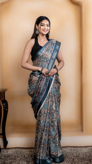 Teal Soft Silk Saree with Multicolour Ajrakh Digital Print