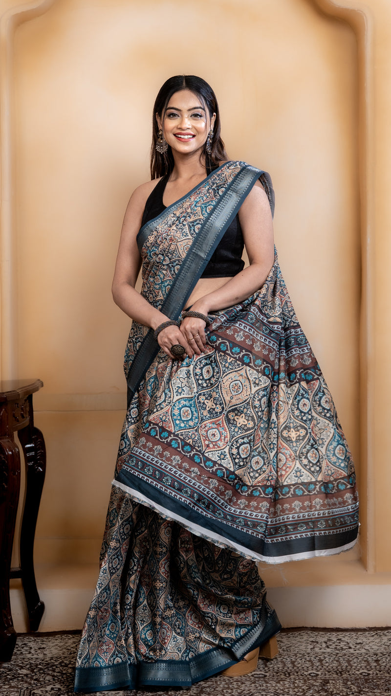 Teal Soft Silk Saree with Multicolour Ajrakh Digital Print