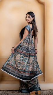 Teal Soft Silk Saree with Multicolour Ajrakh Digital Print
