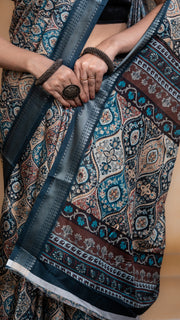 Teal Soft Silk Saree with Multicolour Ajrakh Digital Print