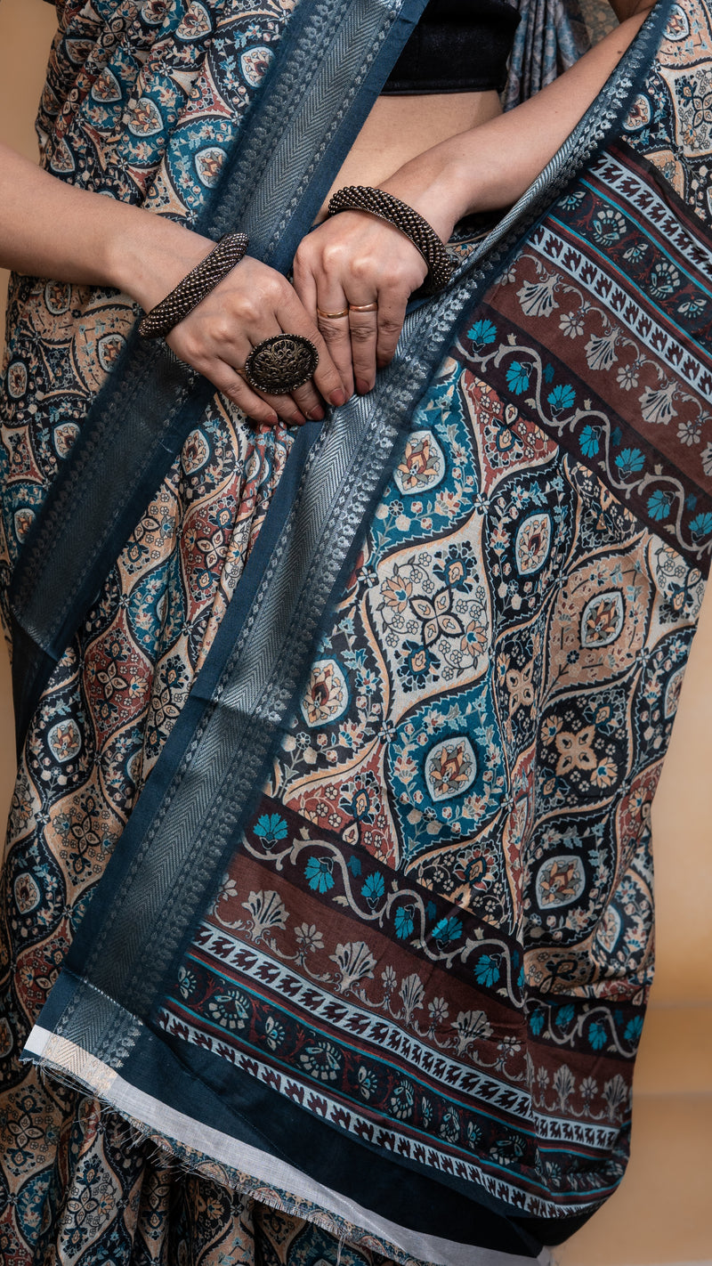 Teal Soft Silk Saree with Multicolour Ajrakh Digital Print