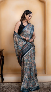 Teal Soft Silk Saree with Multicolour Ajrakh Digital Print