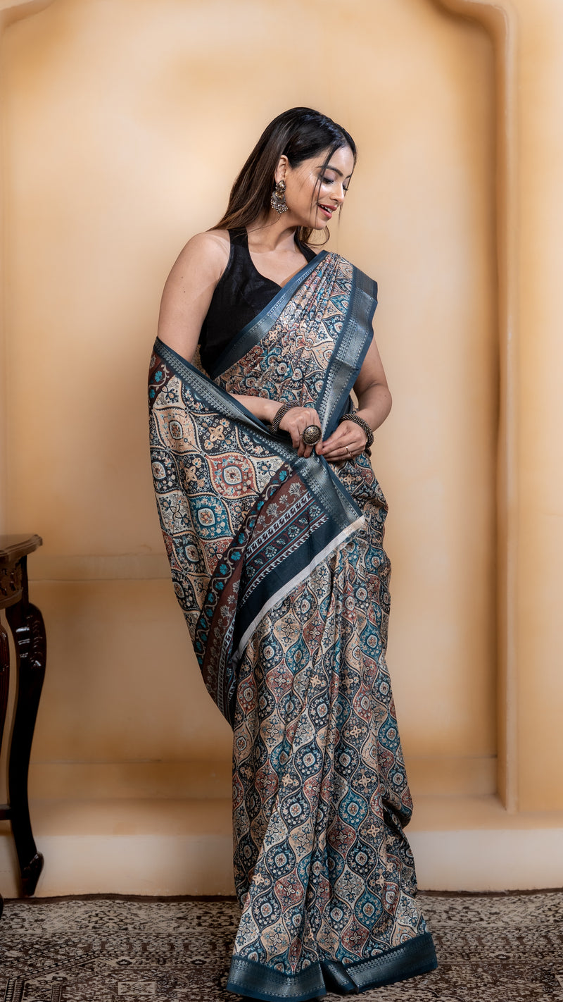 Teal Soft Silk Saree with Multicolour Ajrakh Digital Print