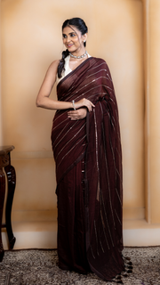 Dark Maroon Mul Cotton Saree with Sequenced Stripes