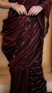 Dark Maroon Mul Cotton Saree with Sequenced Stripes