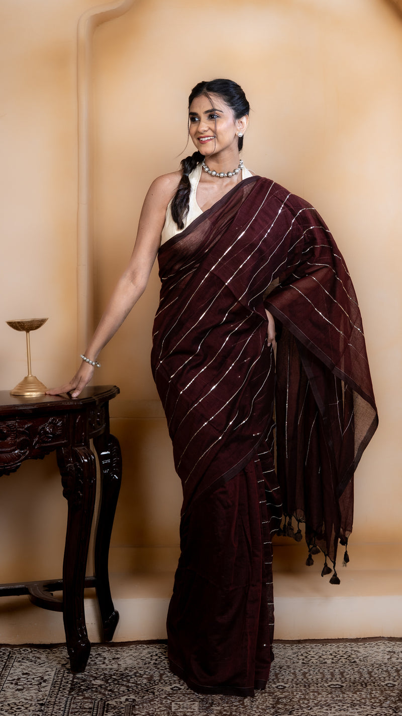 Dark Maroon Mul Cotton Saree with Sequenced Stripes