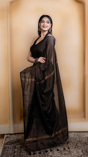 Black and Copper Striped Cotton Silk Saree
