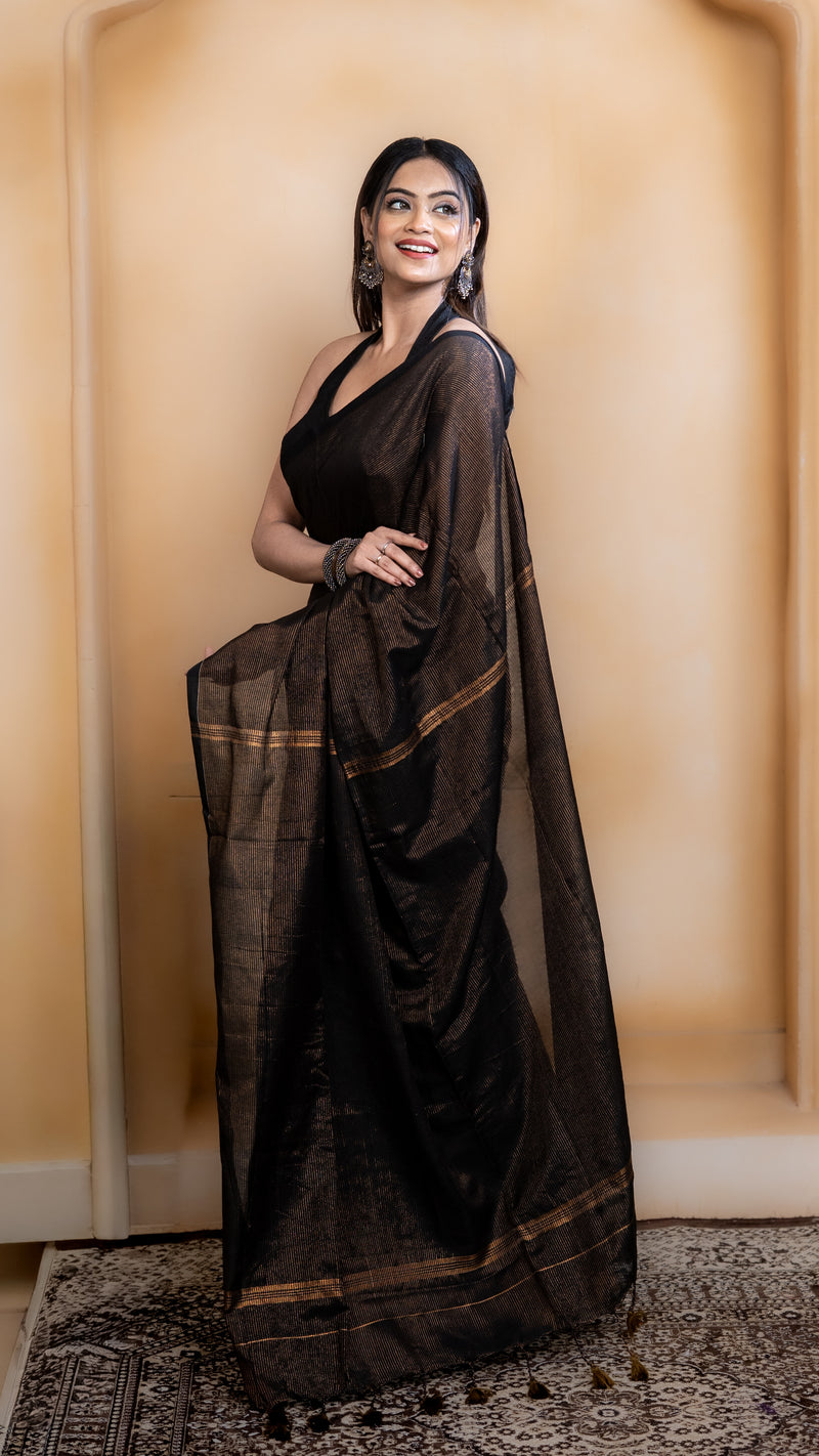 Black and Copper Striped Cotton Silk Saree