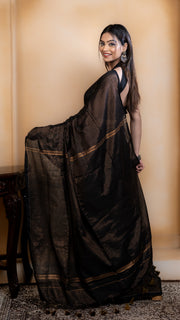 Black and Copper Striped Cotton Silk Saree