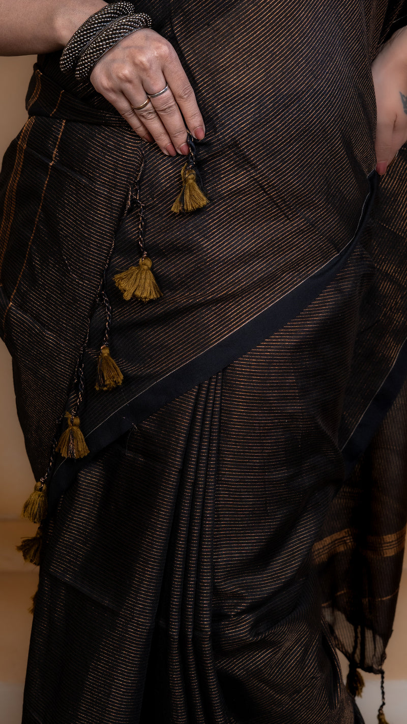 Black and Copper Striped Cotton Silk Saree