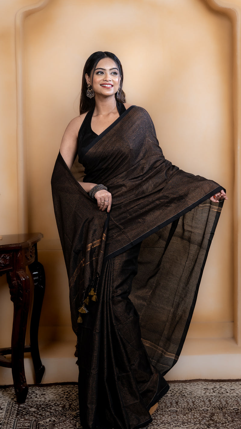 Black and Copper Striped Cotton Silk Saree