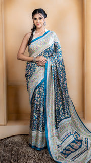 Teal Pashmina Soft Silk with White and Pink Border