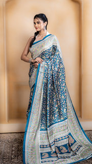 Teal Pashmina Soft Silk with White and Pink Border
